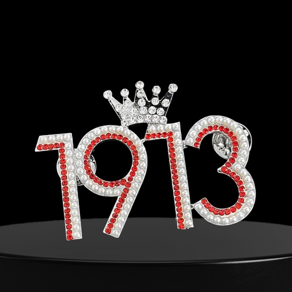 Delta Sigma Theta Brooch 1913 Crown Red Rhinestones and White Pearls - Picture 3 of 3